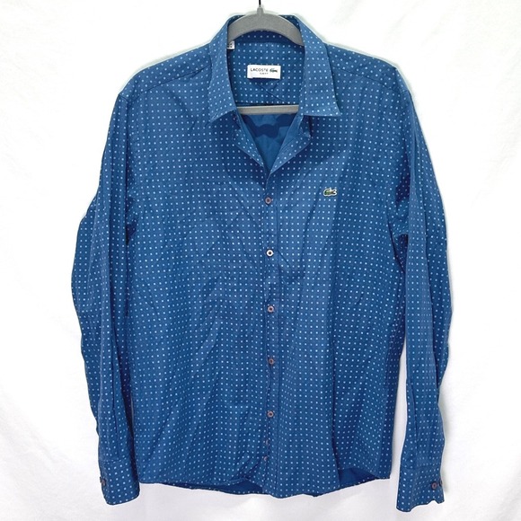 Lacoste Slim Fit Blue Patterned Long Sleeve Button Down Shirt Mens Size XL FR 6 - Picture 1 of 7